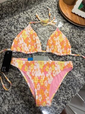 Smocked Floral Triangle Bikini Set in Yellow & Pink